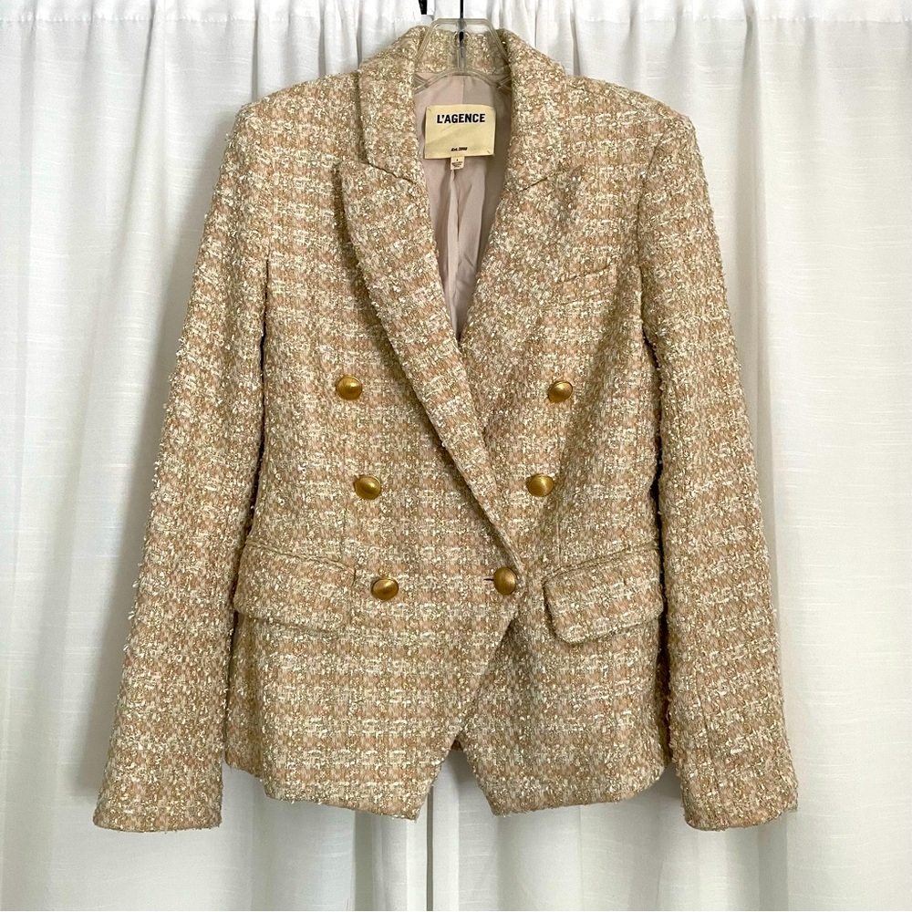 L'AGENCE Tan Tweed Double-Breasted Jacket